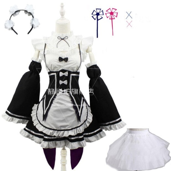 Ram/Rem Cosplay Re:zero Kara Hajimeru Isekai Seikatsu musta sininen punainen asu piika palvelijatar mekko package 7 XXXL