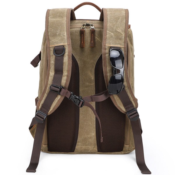 Axelkameraryggsäck Stor kapacitet SLR vattentät väska Wax Dye Canvas Camera Bag Khaki