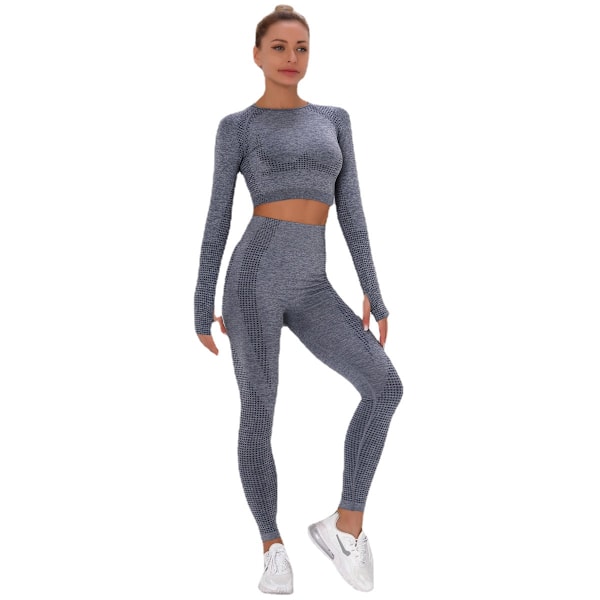 Europeisk og amerikansk prikkete jacquard sømløs sportsdrakt langermet gradient fitness yoga klær skinny yoga bukser kvinner 9149 long-sleeve suit-navy blue L
