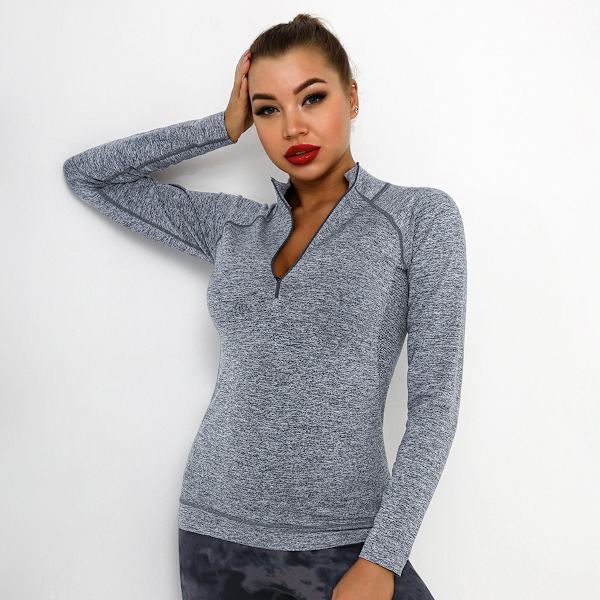 Eurooppalainen ja amerikkalainen neulottu seksikäs tiukka fitness-urheilu vetoketjullinen paita kosteutta siirtävä nopeasti kuivuva joogavaate naisille 6318 long sleeve-dark gray S