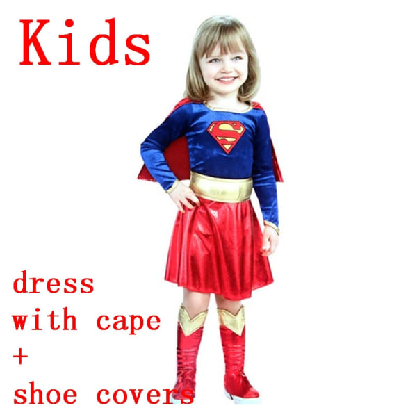 Vuxna Barn Superhjälte Cosplay Kostymer Super Girls Klänning Skoöverdrag Kostym Superwoman Klänning Kvinna Super Hero Halloween Kläder Adult full set XL