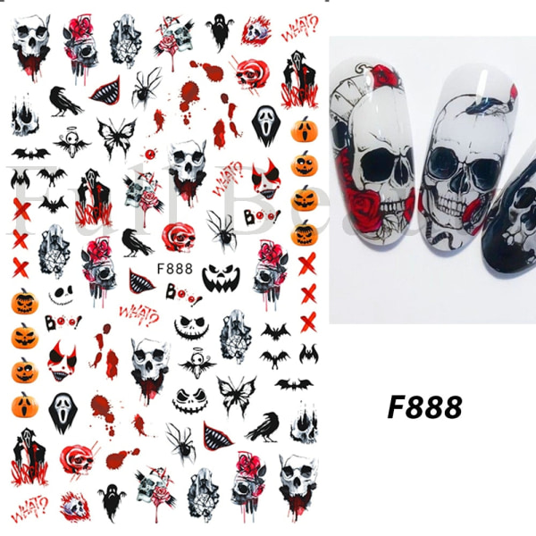 Söt tecknad skalle Nagelklistermärken Spöklik Halloween-dekoration Ghost Bat Evil Pumpa Sliders för manikyr Blodnageldekal GLF886 F688