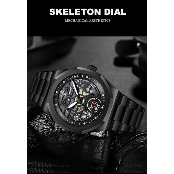 Armbåndsurværk i rustfrit stål med sort krigerkalender, vandtæt herreur 5016G-J gold steel chain