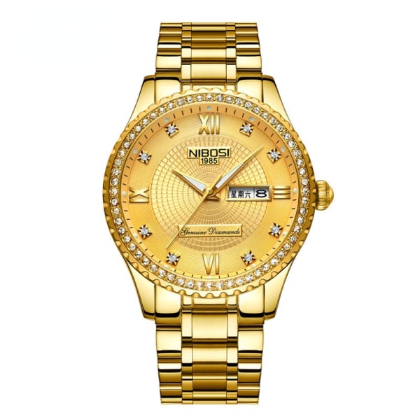 Diamantbesatt Gullklokke Dobbel Kalender 3-Pinners Solid Herre Stålreim Klokke 30 M Vanntett Lysende Helgull Herreklokke Golden white noodles