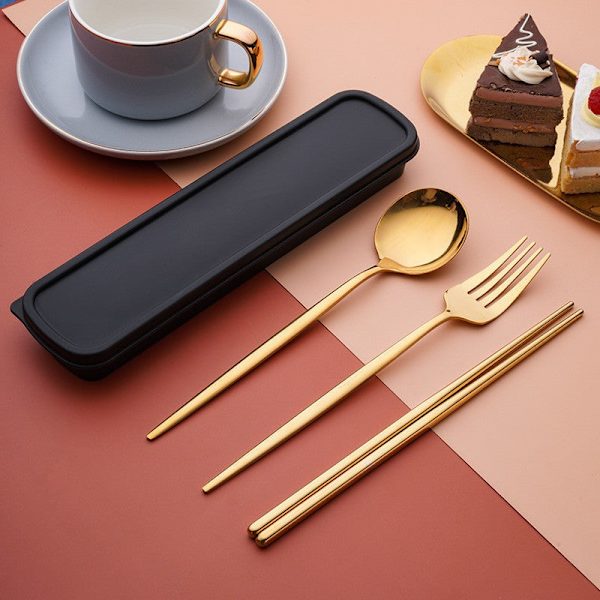 Rustfritt stål Praktisk Bestikk Spisepinner Skje Sett Portugisisk Bestikk Tredelt Sett Gave til Studenter Black and Gold three-piece set
