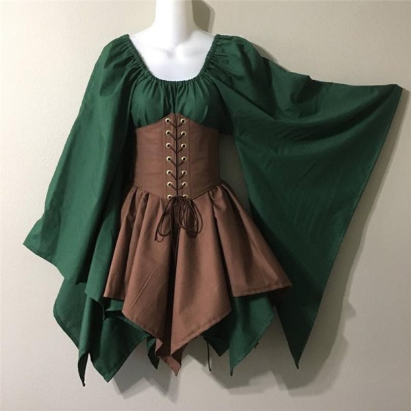 Renessanssi Vintage Palatsi Victoria Keskiaikainen Puku Halloween Cosplay Täyshihainen Vyötärönauha Tilkkutäkki Mekko Juhlat Green Brown 2 XXXL