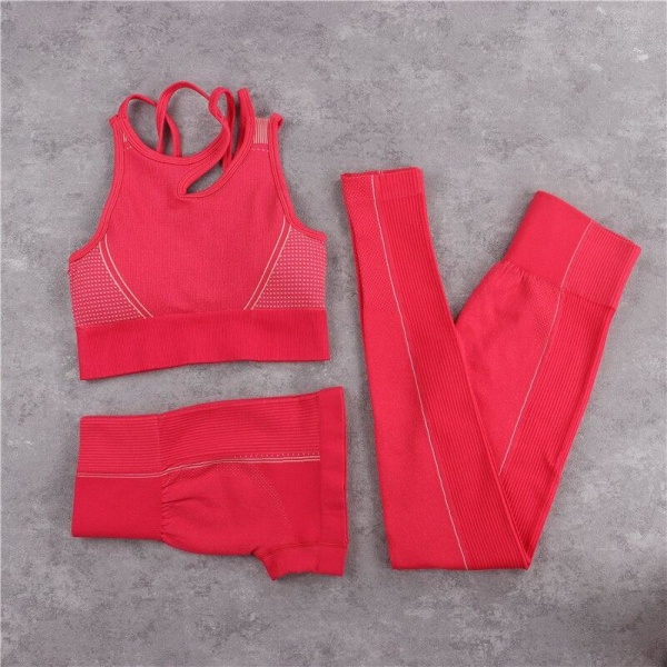 Yoga Set Crop Top BH Shorts Leggings Träningskläder Aktiv Fitness Gym Kläder 3PCS Red Set M