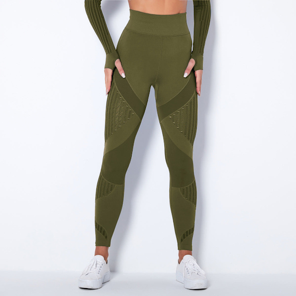 Europæiske og amerikanske sømløse strikkede sexede stiber fugttransporterende yogabukser sports løbe fitnessbukser til kvinder 6301 trousers-Army Green M