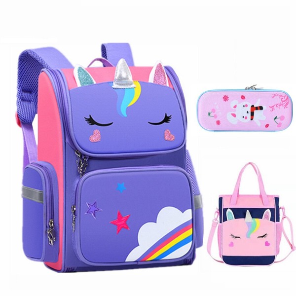 Skolväska söt 3D tecknad skolryggsäck set grundskoleväskor för flickor regnbåge kärlek hjärta barn penna penna handväska set Pink-3 Backpacks