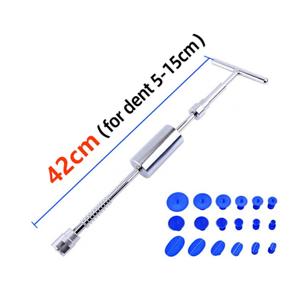 Universal Bil Dent Udtrækker Metal T Dent Reparationsværktøj Auto Reparationspladesæt Glidhammer Omvendt Hammer Lim +18 stk. Limtræk 42cm Middle