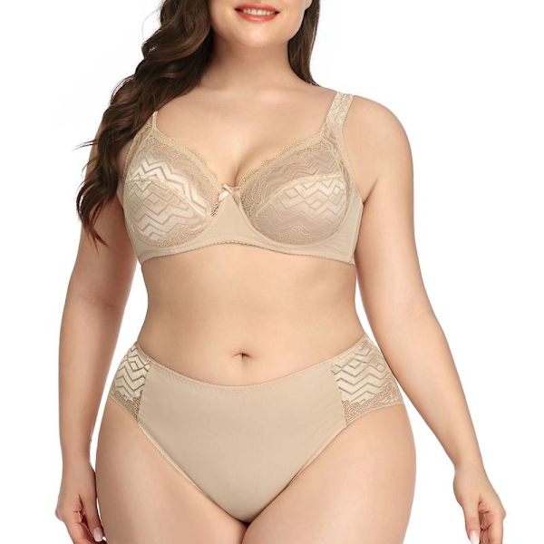 Fashion Sexig Spets BH och Trosset för Kvinnor Plus Size Ultratunn Underkläder 90C-1Xl 95C-2Xl 100C-3Xl 105C-4Xl Tan 105C