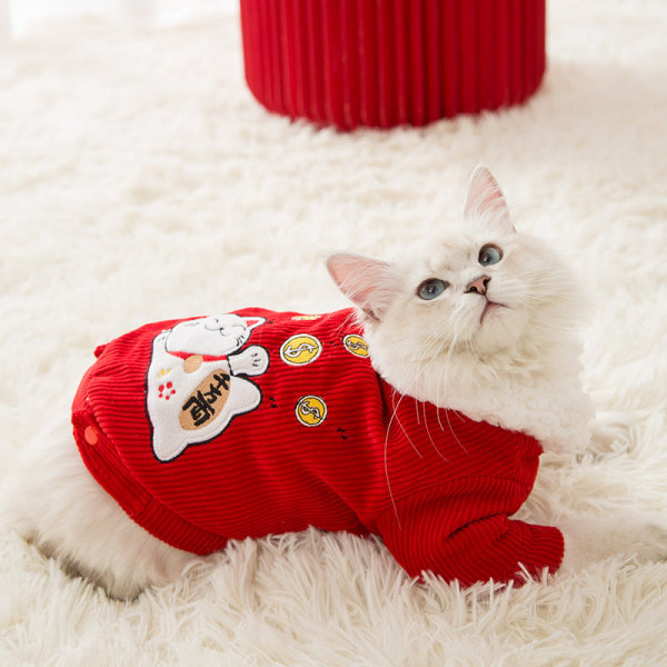 Kjæledyrklær Katteklær Tykkere Varm Rød Høst- og Vinterbekledning Festive lucky cat L