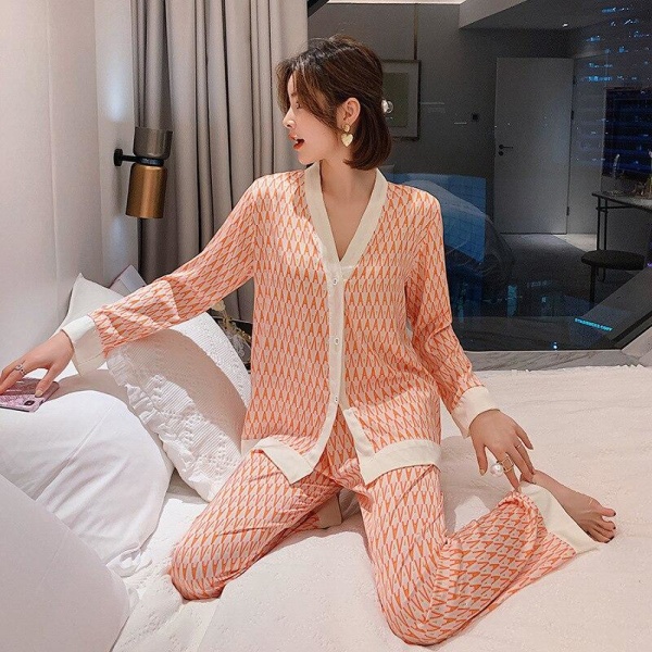 Efterår Nyt Komfortabelt Brevmønster Dame Pyjamas Hjemmedragt Mode Tyndt Langærmet Sæt Pyjamas White XL