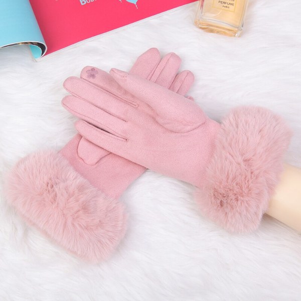 Fashionable dame vinter varme ruskind læder touch screen handske kvinde imiteret kaninpels broderi plus fløjl tykke kørehandsker H92 I67 Khaki One Size