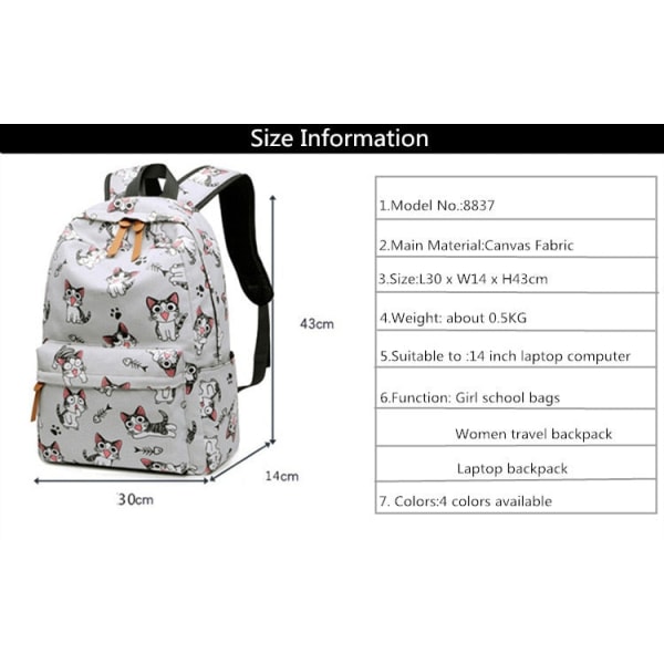 Skolväska för tonårsflickor barnryggsäckar sött djurtryck canvas skolryggsäck barn kattväska 569-1 Blue Backpacks
