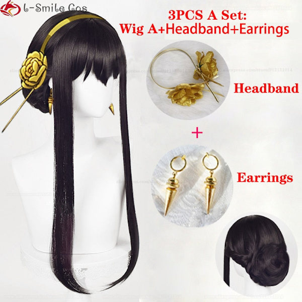 Anime SPY×FAMILY Yor Forger Pitkät Mustat Cosplay Peruukki Hiukset Lämmönkestävä Synteettinen SPY FAMILY Halloween Roolileikki Peruukit + Peruukkihattu Wig A and Earrings One Size