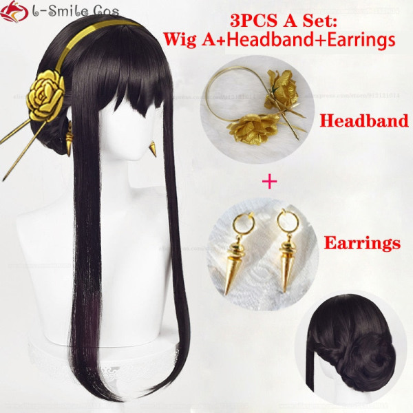 Anime SPY×FAMILY Yor Forger Pitkät Mustat Cosplay Peruukki Hiukset Lämmönkestävä Synteettinen SPY FAMILY Halloween Roolileikki Peruukit + Peruukkihattu Wig C 3PCS C Set One Size