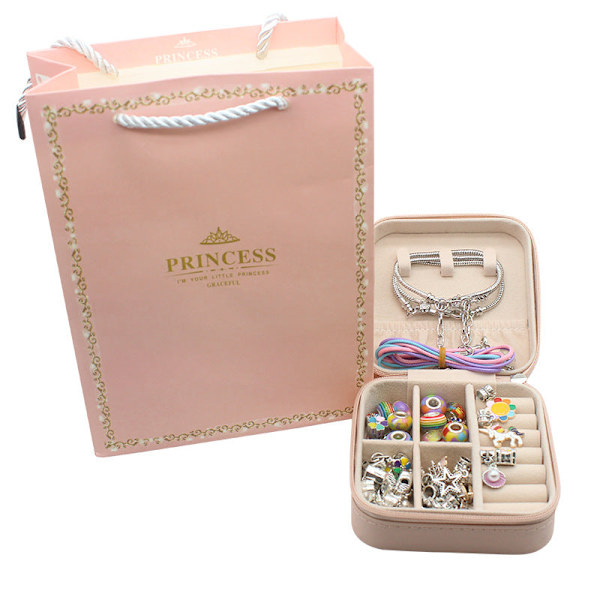 Nyt Børne DIY Armbånd Store Hul Perler Enhjørning Sæt Slangeben Armbånd 3 Halskæder Pink gift set