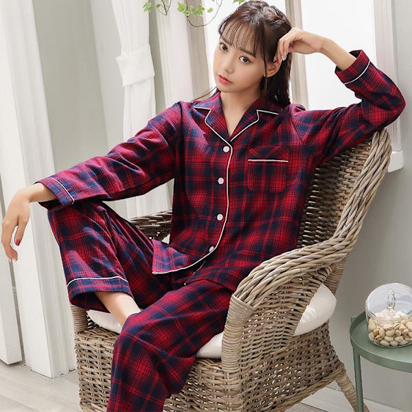 Talven uudet kokopuuvillaiset pyjamat naisille, pitkähihainen V-kaula-aukko, ruudullinen yöasu Red L