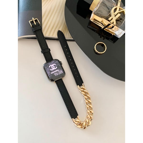 Kellon ranneke Apple Watch iWatch 40:lle, musta kulta, kaksoisrengasketju