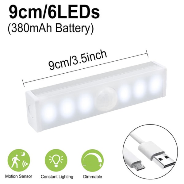Rörelsesensor Nattlampa Dimbar Skåplampa LED Under Skåplampa för Garderob Trappor Kök 6LED No Battery White