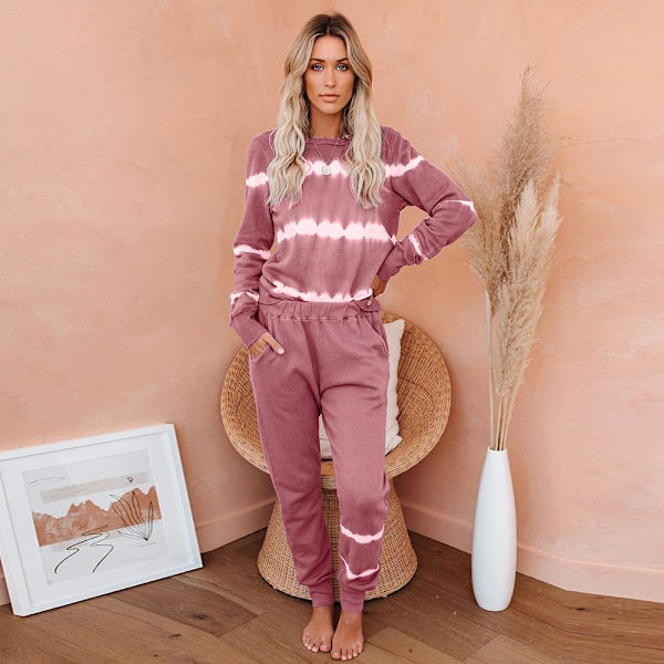 Dame 2-delt stribet farve pyjamassæt Løse afslappede Loungewear Træningsdragter Joggingbukser Sæt Gray M