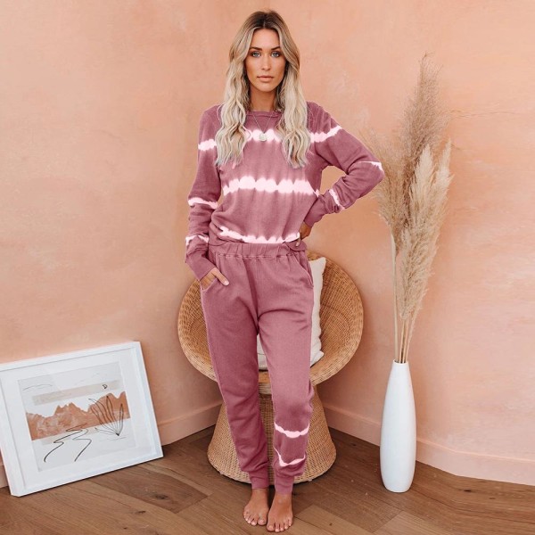 Damer 2-delade randiga Pyjamasset Lösa casual Sweatsuits Joggingbyxor set Pink L