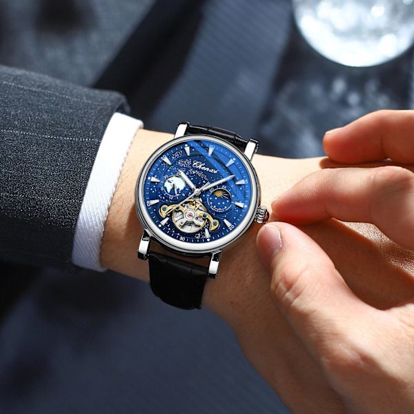 Månfas Hollow Flywheel Mekanisk Klocka Herrklocka Automatisk Självlysande Armbandsur Belt black surface