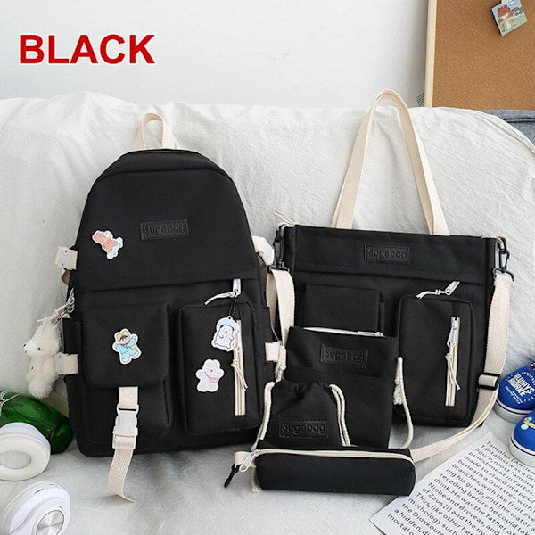 5 stk Sett Ryggsekker For Student Skoleveske For Jenter Multifunksjonelle Skoleryggsekker Håndveske Stor Kapasitet Jenters Pennal 5pcs Black