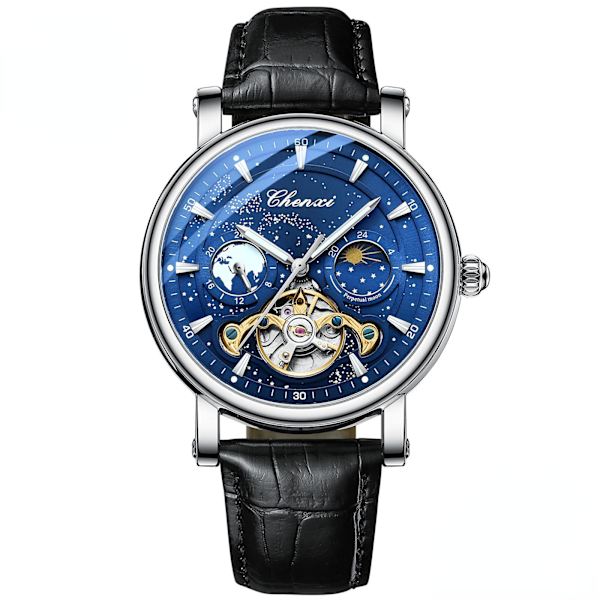 Månfas Hollow Flywheel Mekanisk Klocka Herrklocka Automatisk Självlysande Armbandsur Belt black shell black surface