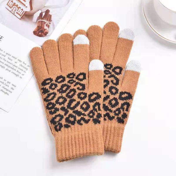 Fashion Leopard Cashmere Tykke Varme Handsker Til Kvinder Strikkede Voksne Vinter Casual Handsker Touch Screen Fingre Fortykning Handsker Pink One Size