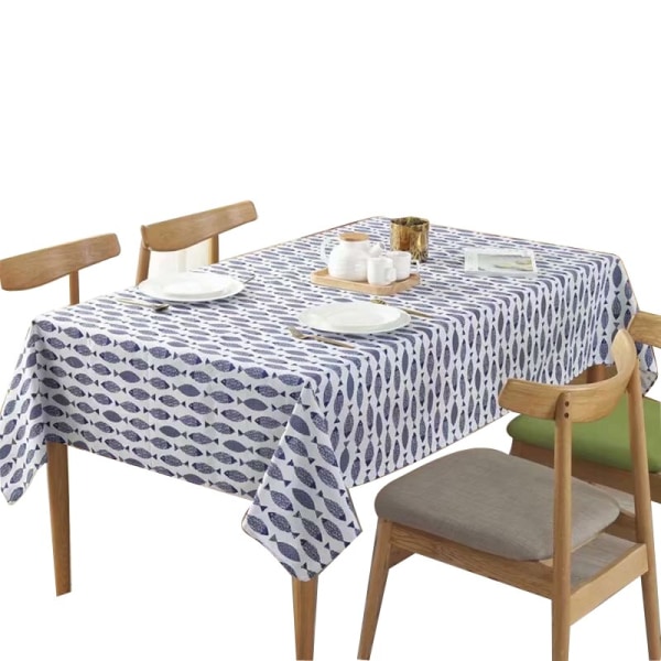 Tykkere duk i bomulls-linblanding med enkelt blått fisketrykk, japansk stil, vaskbar duk for bryllup og tebord no lace 140 X 200CM