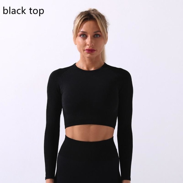 Set Långärmad Crop Top T-shirt Leggings träningsoverall för kvinnor Black Leggings M