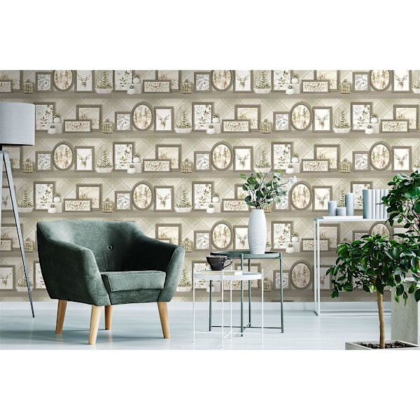 Stag Frames Tapet Dyreprint Fasan Blomster Beige Grå Holden