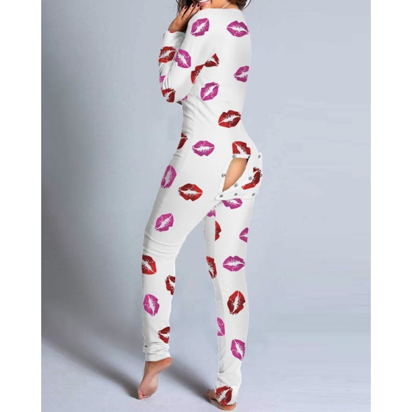 Seksikäs pyjama naisille, jouluinen pyjama, uuden vuoden haalari, yöasu, napitettava edestä ja takaa, takapuoli auki, joulupainatuksella varustettu oloasuhaalari White L