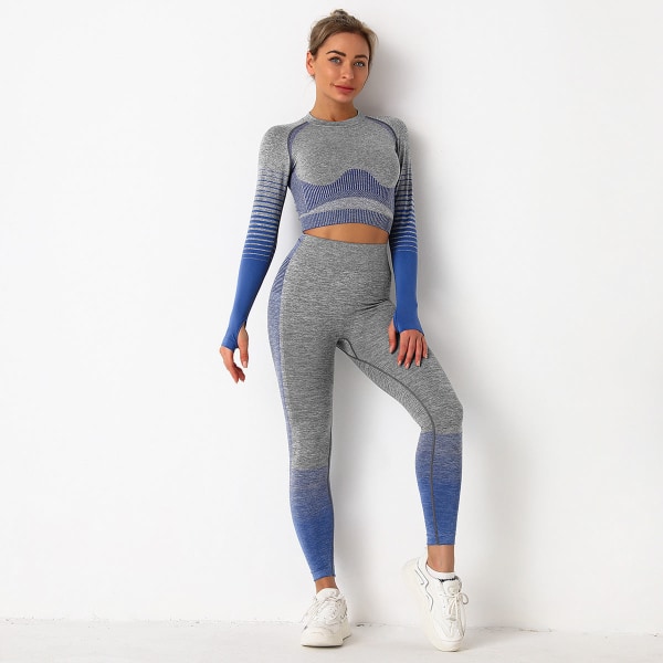 Europæisk og amerikansk sømløs yogadragt til kvinder, strikket hofteløftende høj elasticitet træningsbukser, trænings yogatøj 6092 long-sleeve suit-sapphire blue M