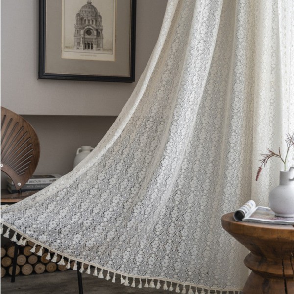 Ihålig spetsgardin Beige Geometrisk Blomma Vardagsrum Sovrumsgardin Beige Clover tassel hook curtain 150 width * 160CM height