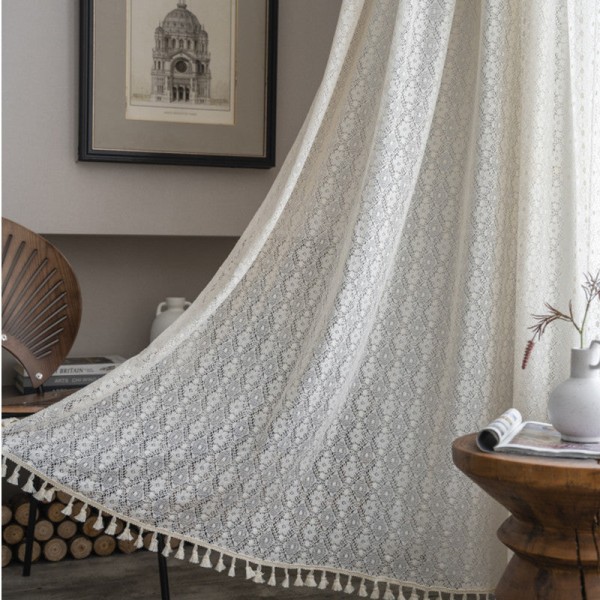 Spetsgardin Beige Geometrisk Blomma Vardagsrum Sovrumsgardin Beige Clover tassel hook curtain 150 width * 95CM height
