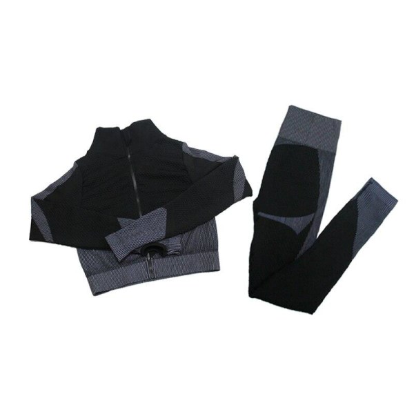 Yoga Set Långärmad Tröja+Sport-BH+Sömlösa Leggings Träningskläder Löparkläder Gymkläder 2pcs Black White S