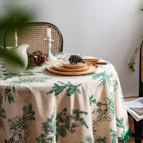 Bomulls-lin duk grønn furugren trykt duk koreansk serviett trykt kaffeduk Window flower Round 150cm