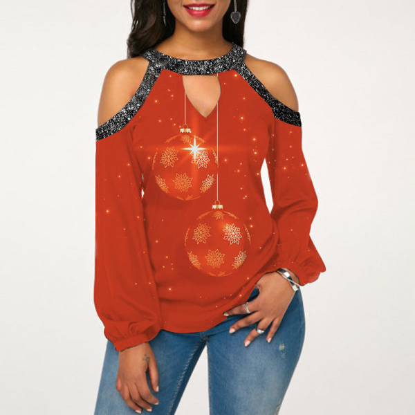 Juleoutfit Dametøj Lys Krystal Patchwork Cold-Shoulder Juletøj Christmas wine glass XXL