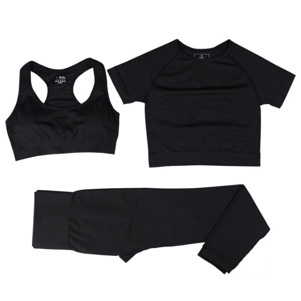 Yoga Sæt Trænings T-shirts Sportsbukser BH Gym Tøj Shorts Til Kvinder 3pcs ShortBlack M
