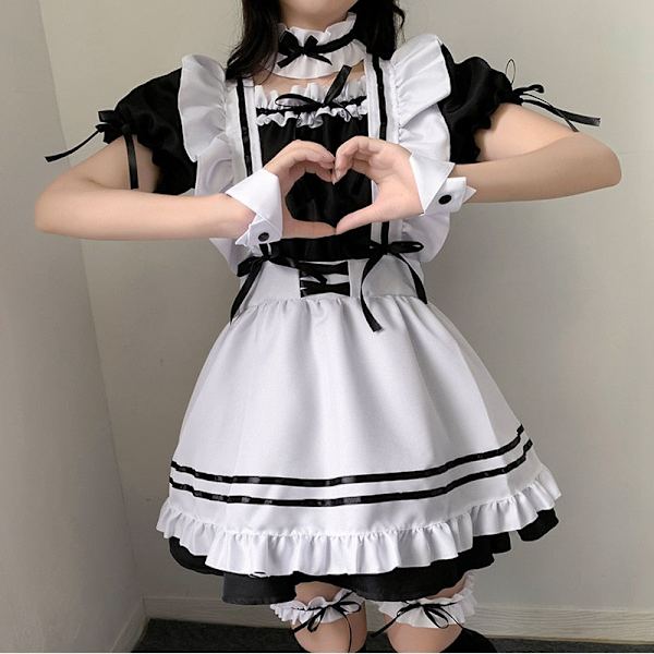 Sort Sød Lolita Maid Kostumer Piger Kvinder Dejlig Maid Cosplay Uniform Animationsshow Japansk Outfit Kjole Tøj Full Set XXL
