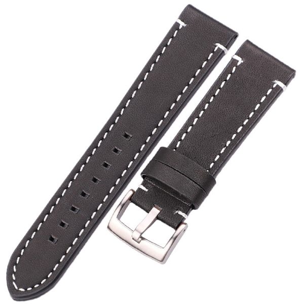 Ægte Læder Urremme 18mm 20mm 22mm 24mm Sort Mørkebrun Dame Herre Urrem Rem Bælte Med Spænde Black silver clasp 18mm