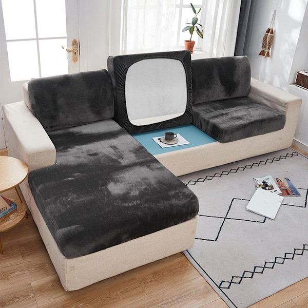 1/2/3-sits Enfärgad Tjock Sammet Stretch Soffskydd Sofföverdrag Sittdyna Light gray 2 Seater