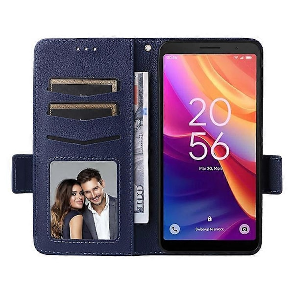 Kompatibelt för TCL 501 T433D Läderfodral Plånboksställ Litchi Textur Telefonskal Grossist DarkBlue