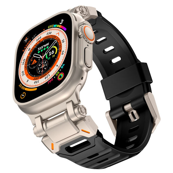 Klockarmband för Apple Watch iWatch 42/44/45/46 10:e generationen/49mm Explorer modell fluorgummi-titanium svart + pappersförpackning