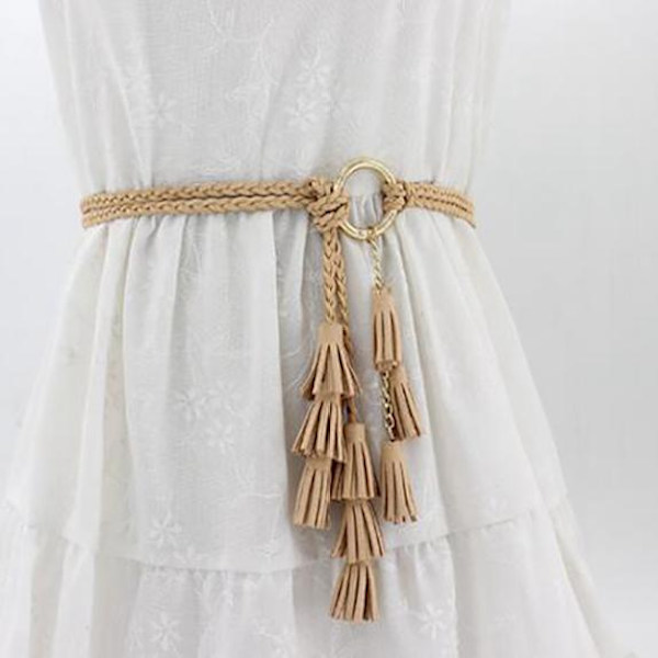 Fashionable kvinder ensfarvet flettet kvastbælte Boho piger tynde taljereb strikkede bælter til kjole taljebånd tilbehør Khaki One Size