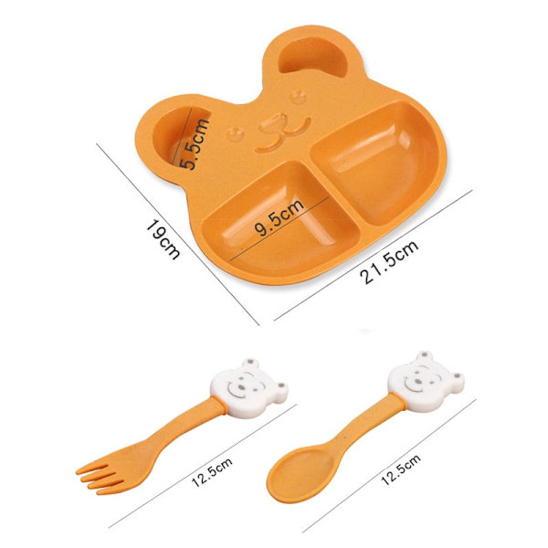 Bordservis i vetestrå för barn, sött björn-bestickset med gaffel, sked, barntallrik, biologiskt nedbrytbar, lära-äta-servis Orange