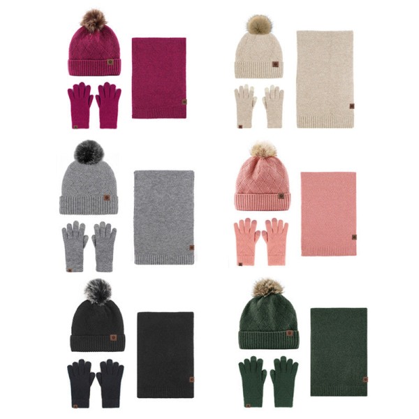 Hattu Huivi Käsineet Kolmiosainen Setti Kylmänkestävä Turkistupsu Fleecevuorattu Neulesetti Wine red three-piece set